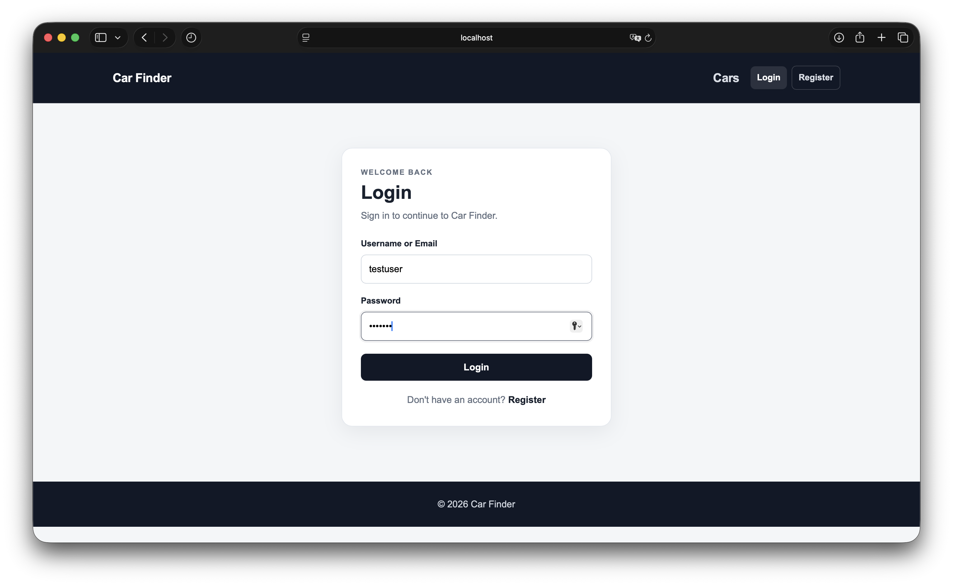 Car Finder login page