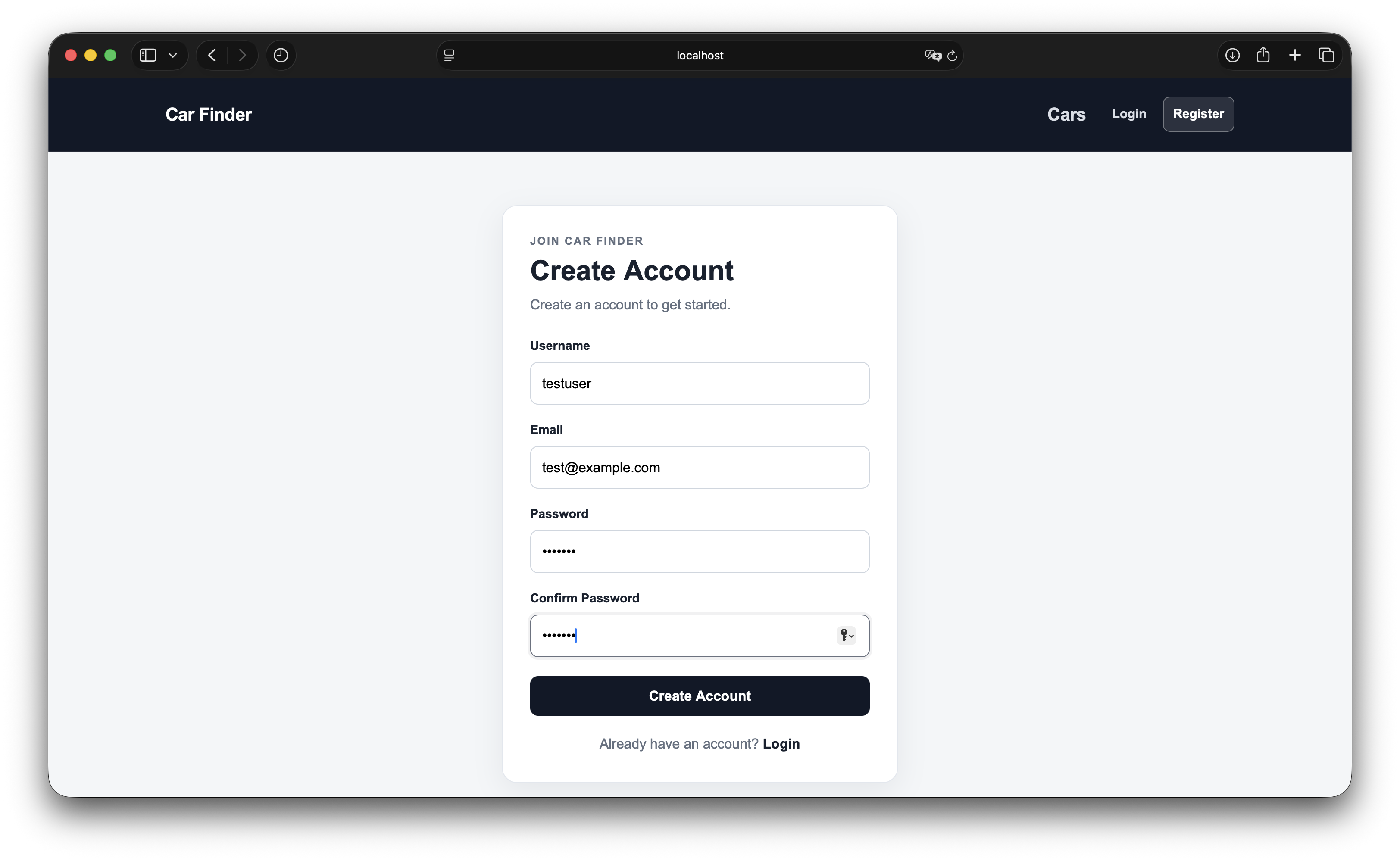 Car Finder registration page