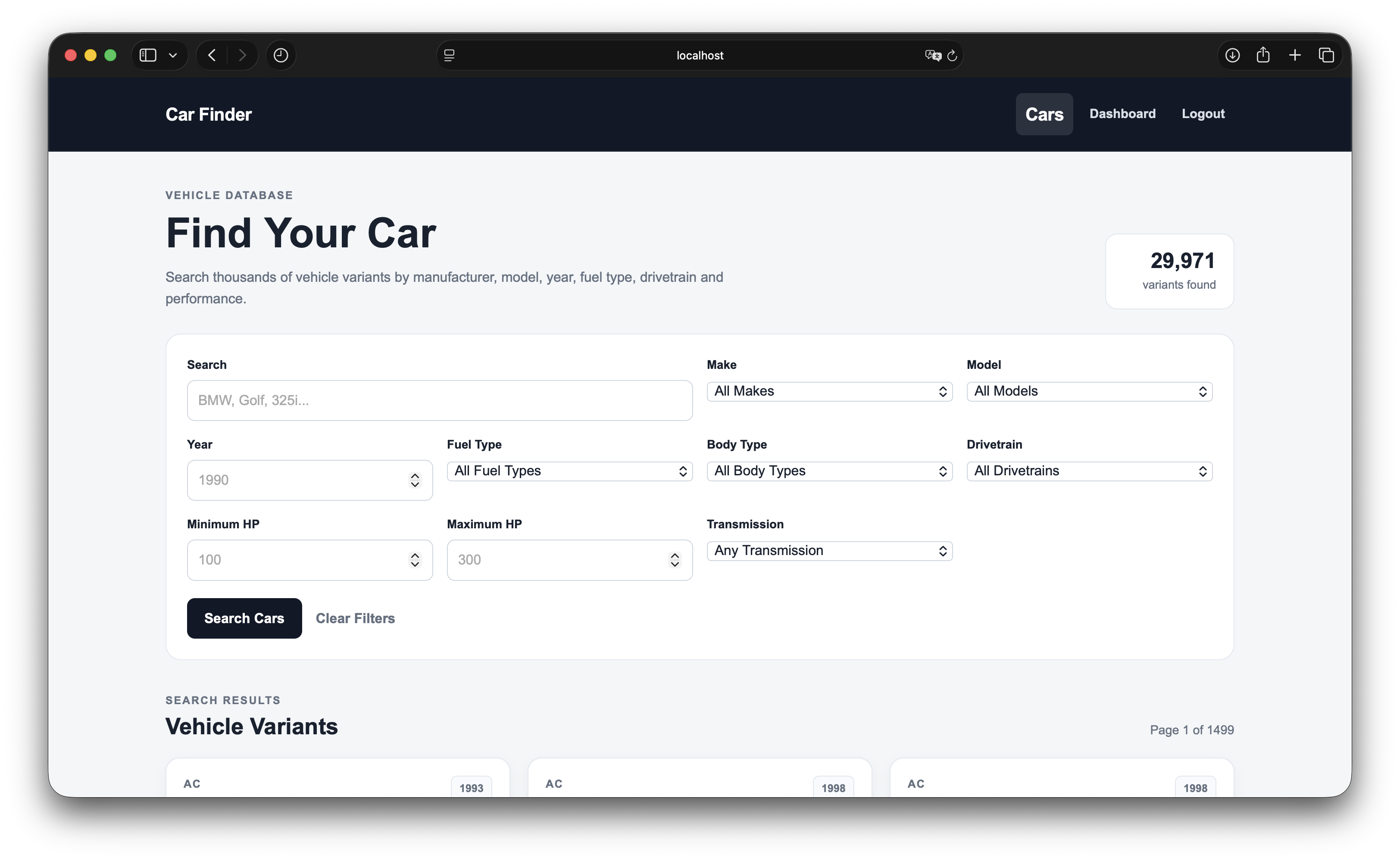 Car Finder search page