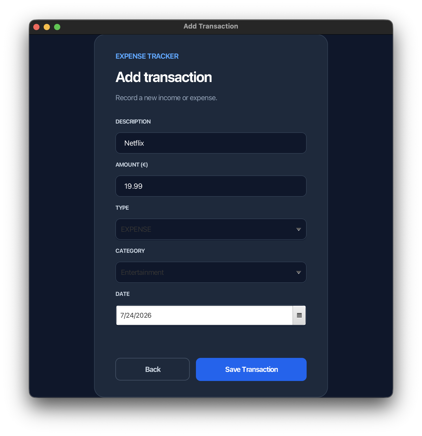 Expense Tracker add transaction window