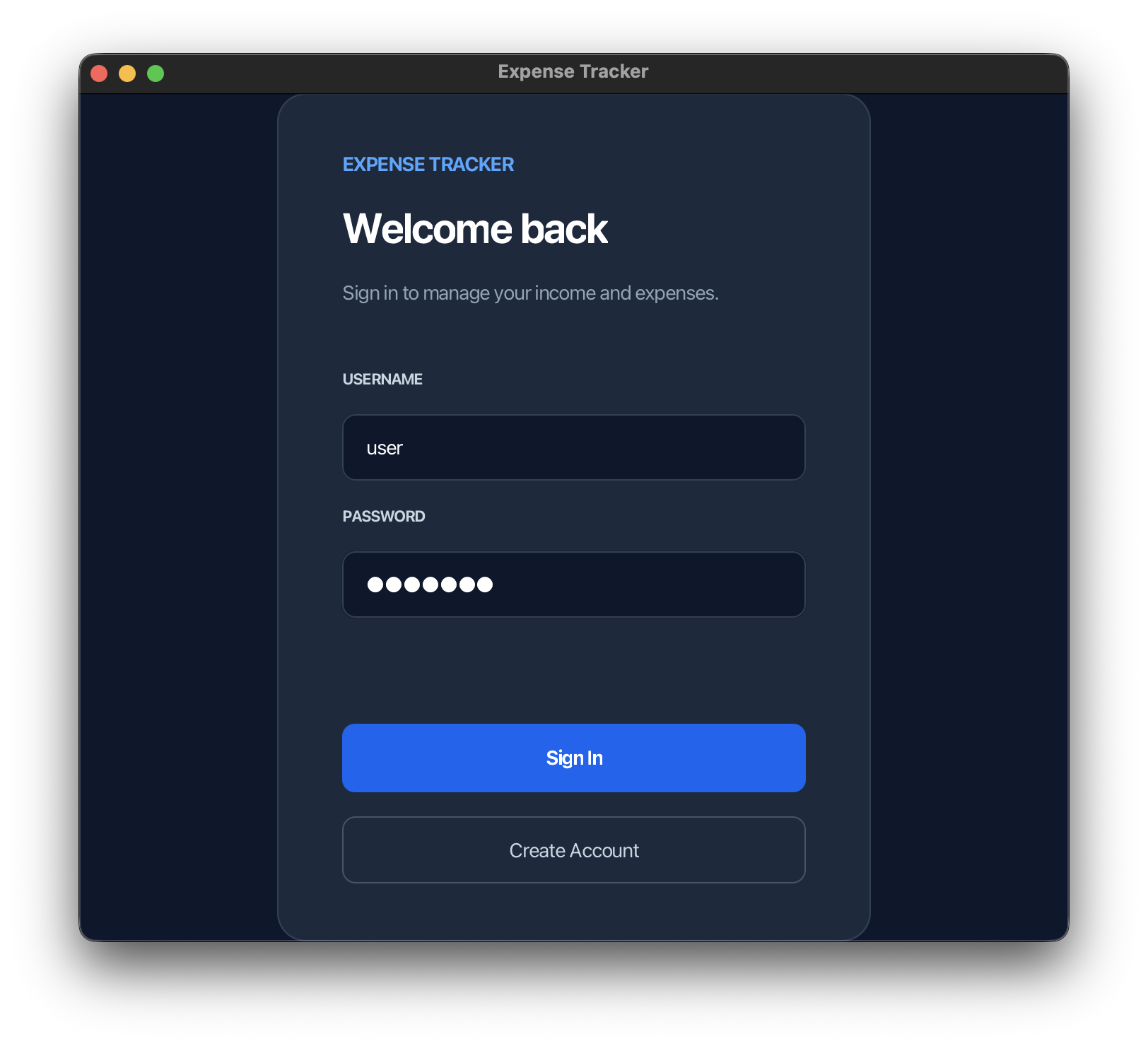 Expense Tracker login screen