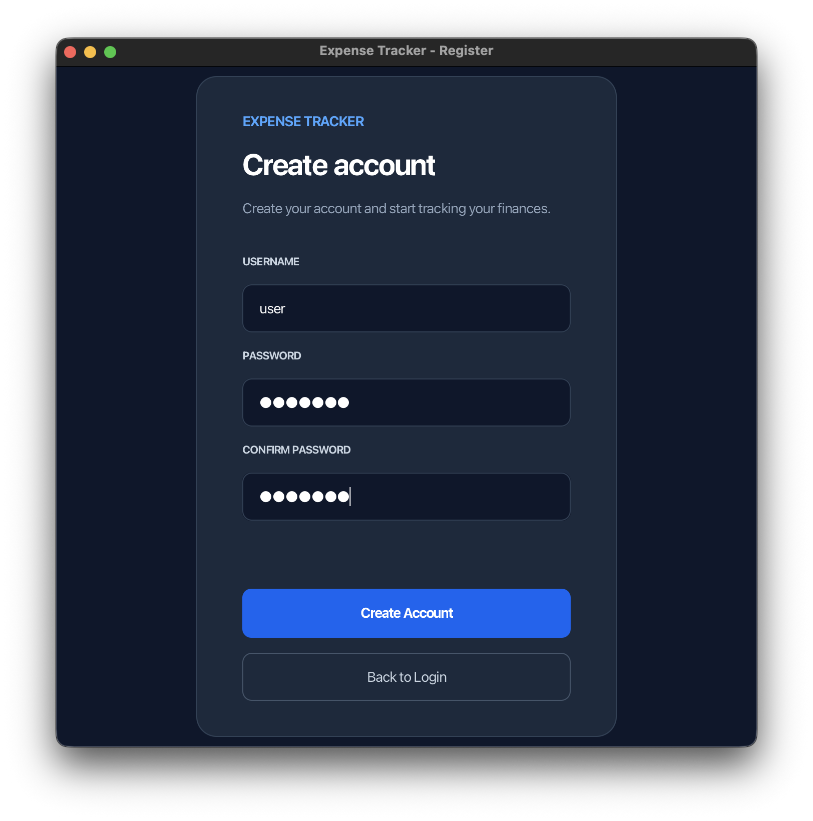 Expense Tracker registration screen